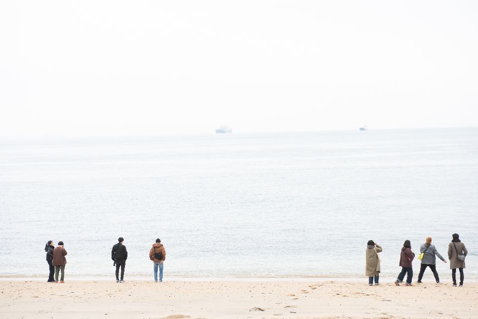 興居島の浜辺。波打ちぎわを歩く人たち