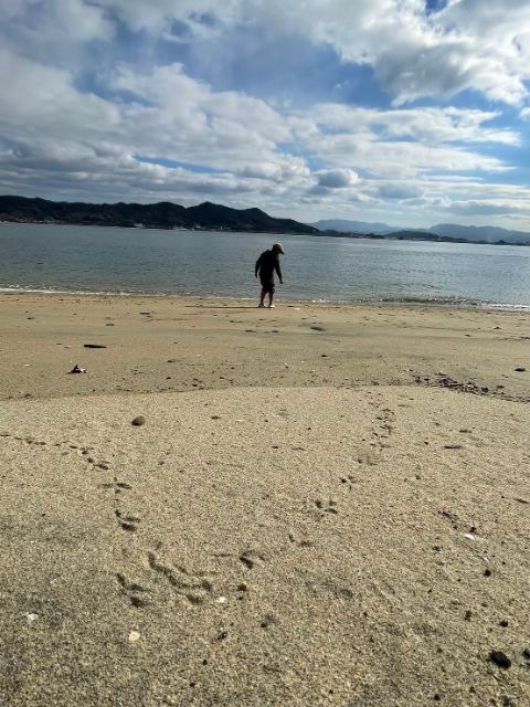 静かな浜辺をひとり歩く人と砂の足あと