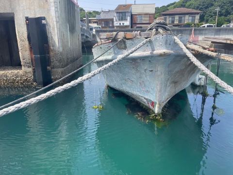 緑色の海に浮かぶ古い木造の船